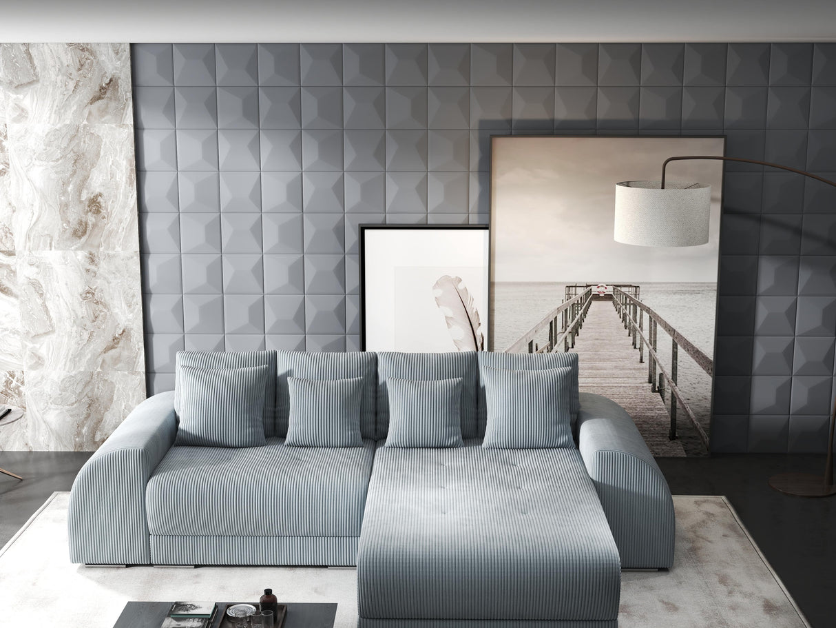 Colțar extensibil dumonde cu ladă de depozitare si sezut confortabil din spuma HR, Verona Zoom Gri Mint II 290x185 cm Fabrica