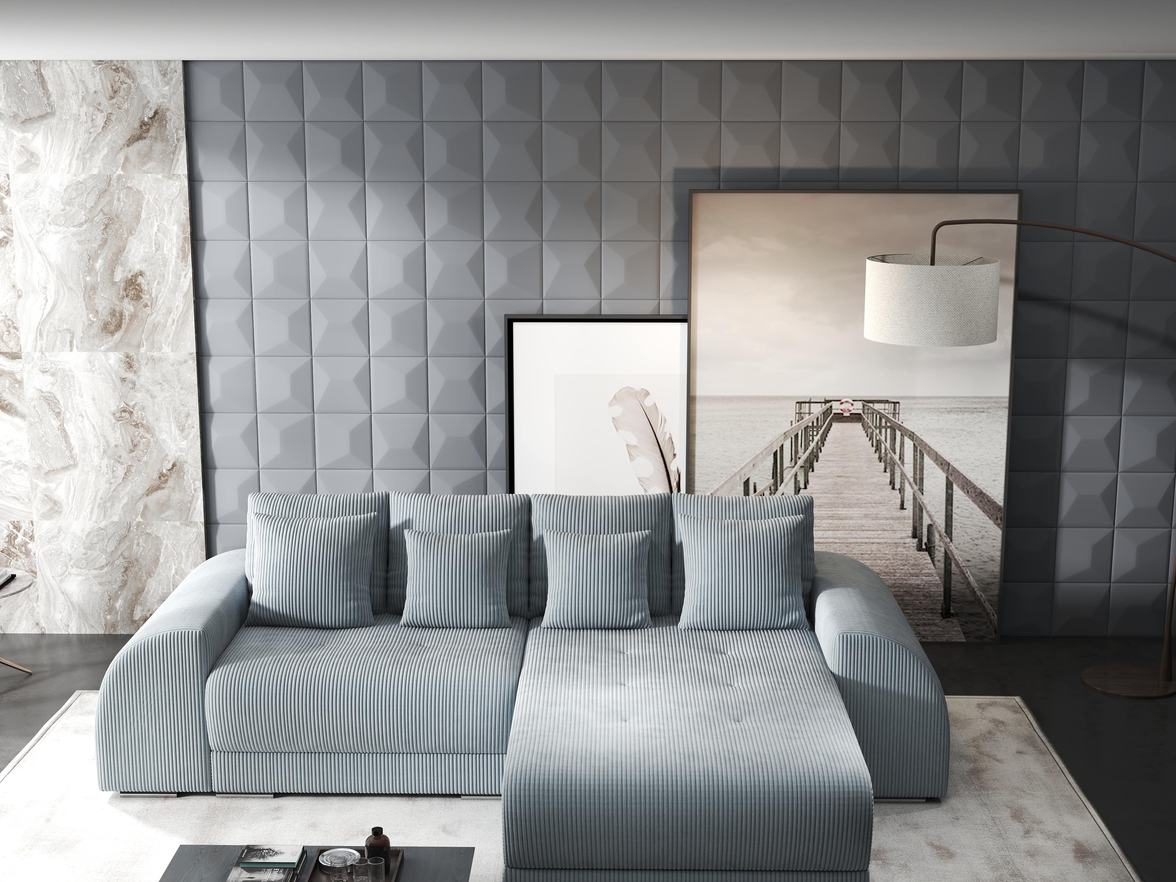 Colțar extensibil dumonde cu ladă de depozitare si sezut confortabil din spuma HR, Verona Zoom Gri Mint II 290x185 cm Fabrica