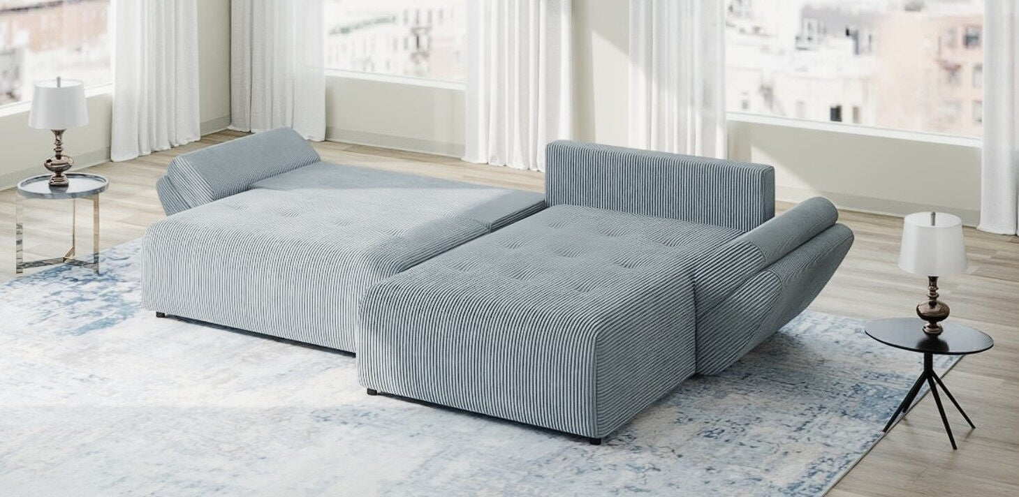 Colțar extensibil dumonde cu ladă de depozitare si sezut confortabil din spuma HR, Berlin Zoom Gri Mint 280x185 cm