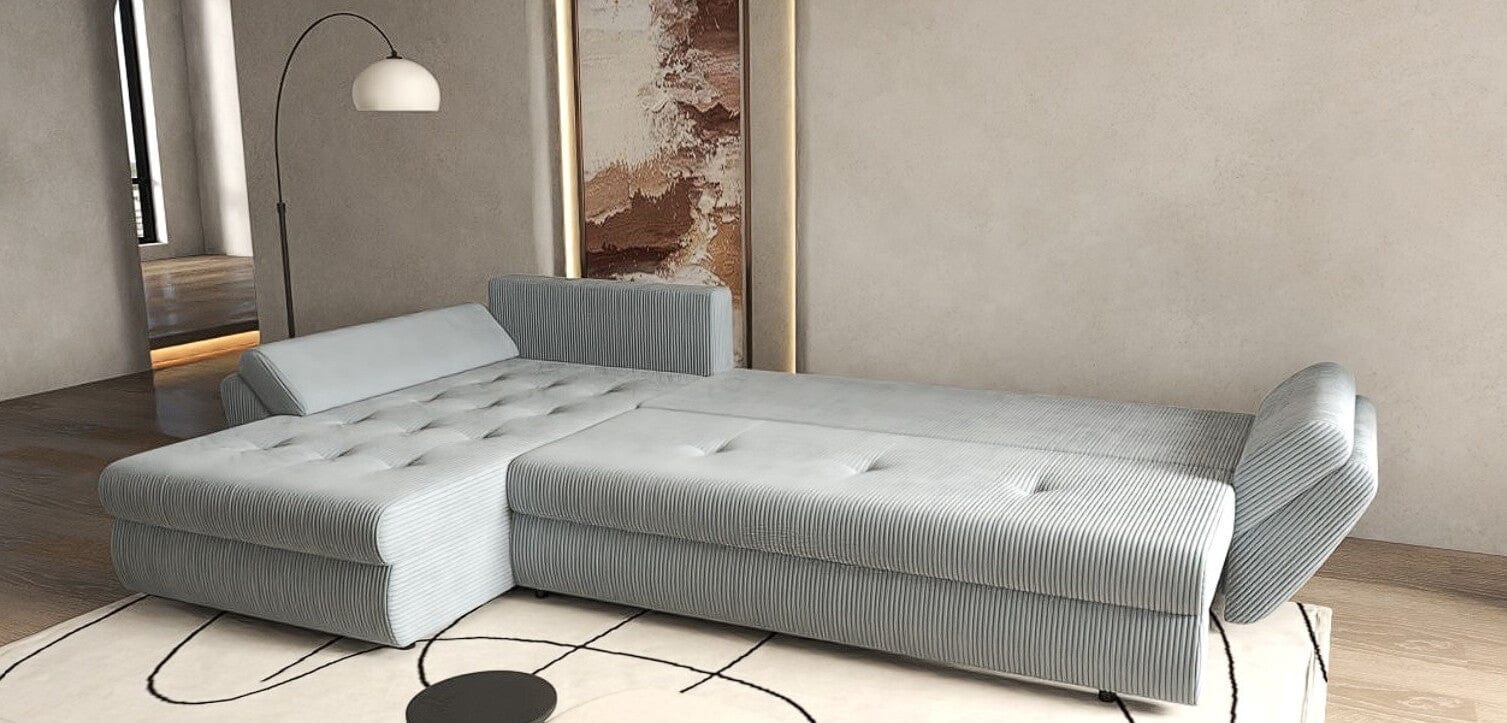 Colțar extensibil dumonde cu ladă de depozitare si sezut confortabil din spuma HR, Loana XL Zoom Grey II 335x185 cm Fabrica