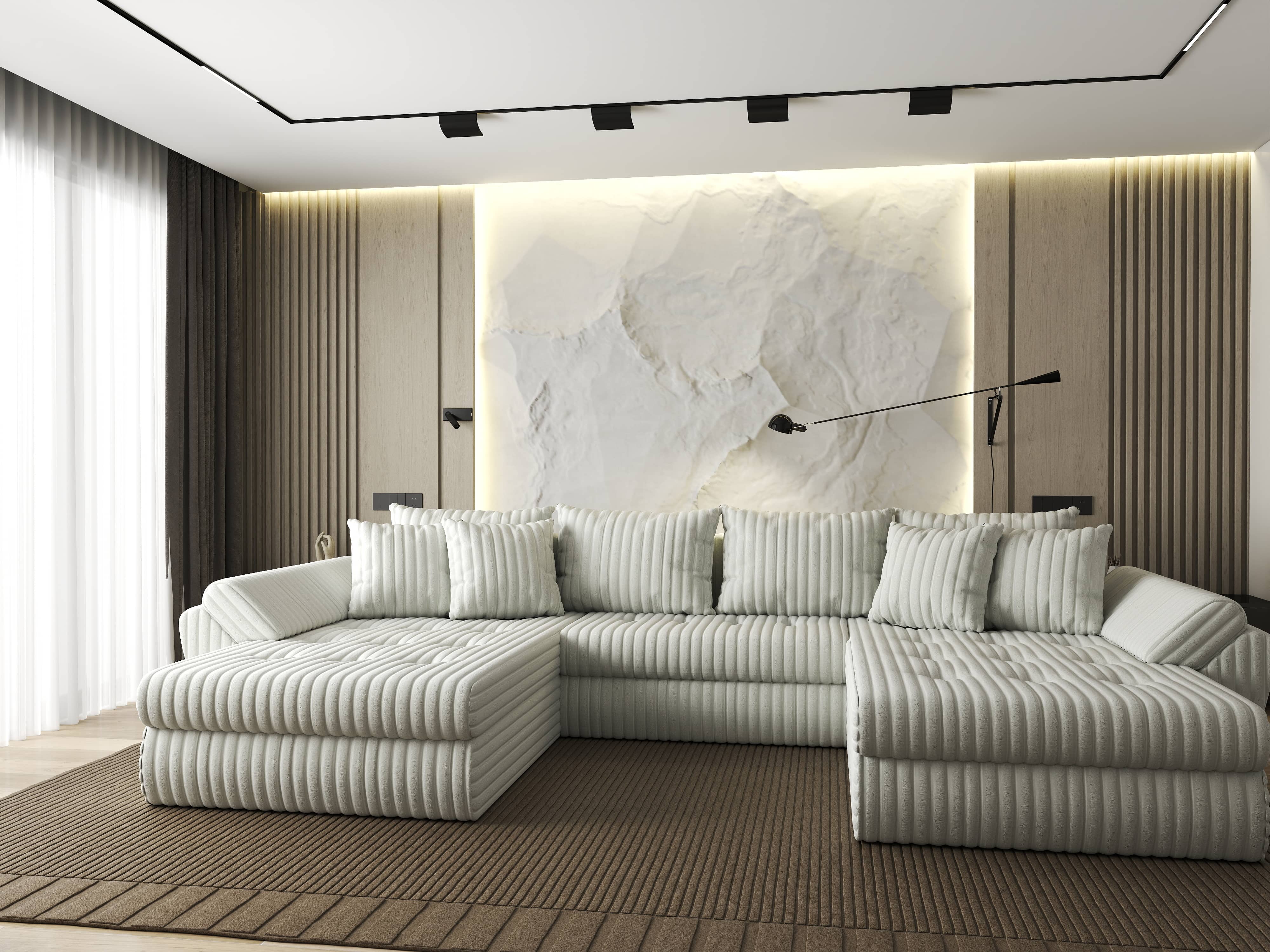 Colțar extensibil dumonde cu ladă de depozitare si sezut confortabil din spuma HR, Loana U Bej Ambience 355x185 cm Fabrica