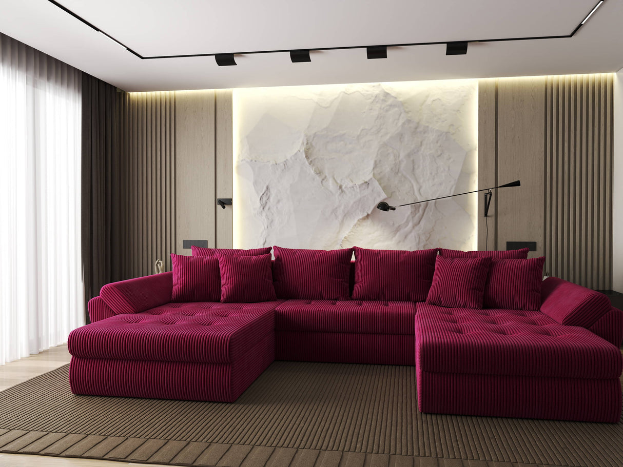 Colțar extensibil dumonde cu ladă de depozitare si sezut confortabil din spuma HR, Loana U Bordeaux Zoom 355x185 cm Fabrica