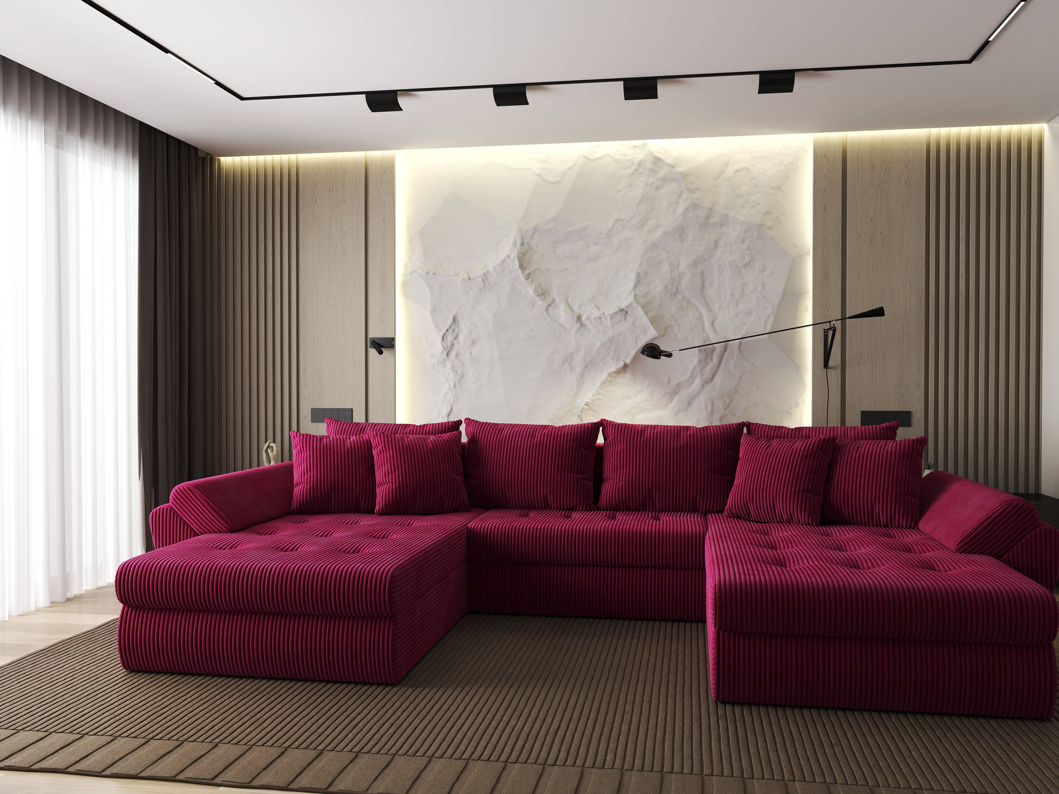 Colțar extensibil dumonde cu ladă de depozitare si sezut confortabil din spuma HR, Loana U Bordeaux Zoom 355x185 cm Fabrica
