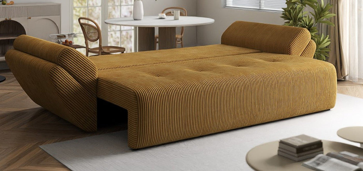 Canapea extensibilă dumonde cu ladă de depozitare si sezut confortabil din spuma HR, Zoom Mustar 250x100 cm Fabrica