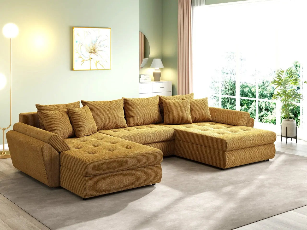 Colțar extensibil dumonde cu ladă de depozitare si sezut confortabil din spuma HR, Loana U Zoom Mustar 355x185 cm Fabrica