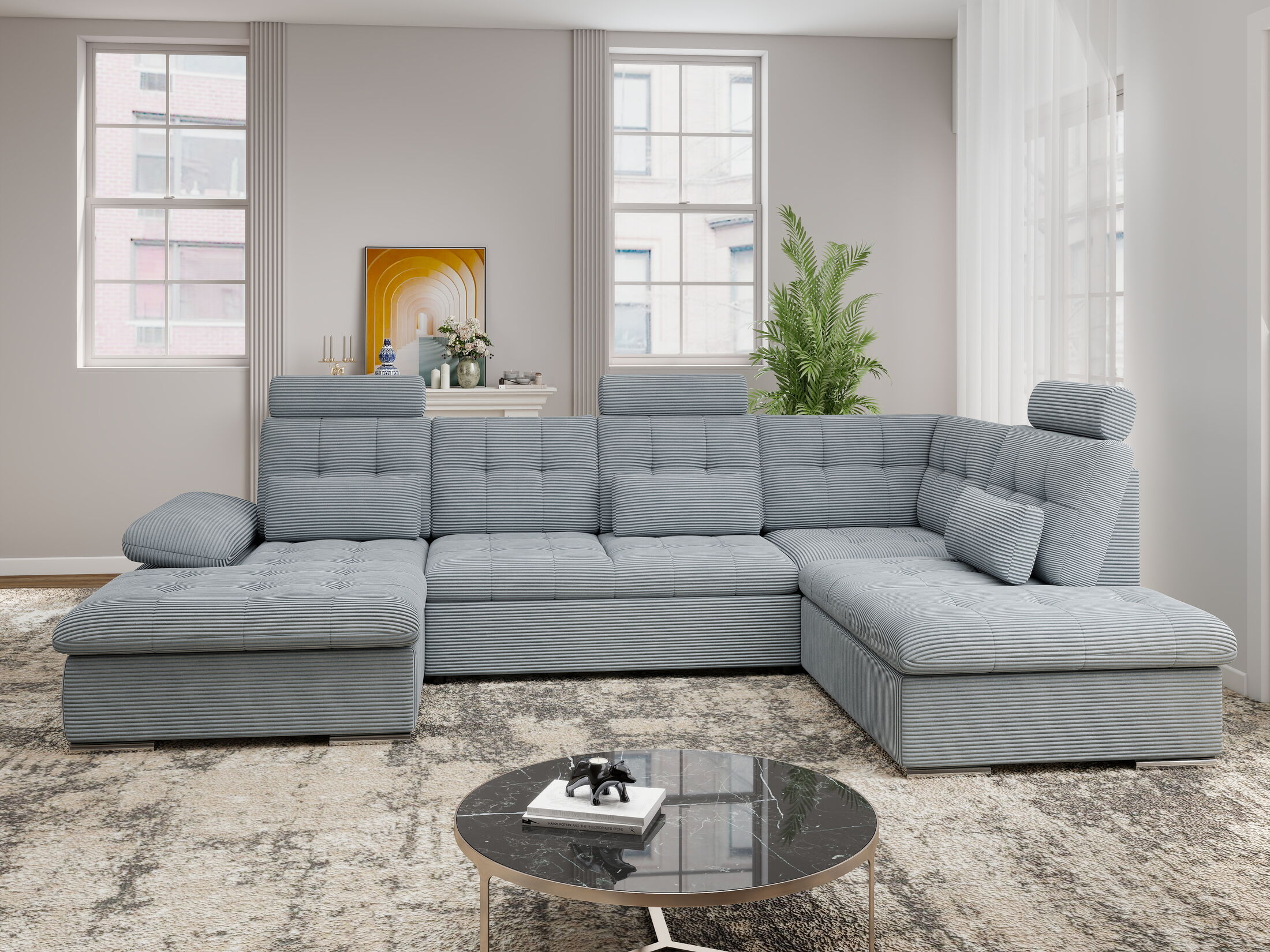 Colțar extensibil dumonde cu ladă de depozitare și șezut confortabil din spumă HR, Merkur U Zoom Gri Mint 324x218 cm