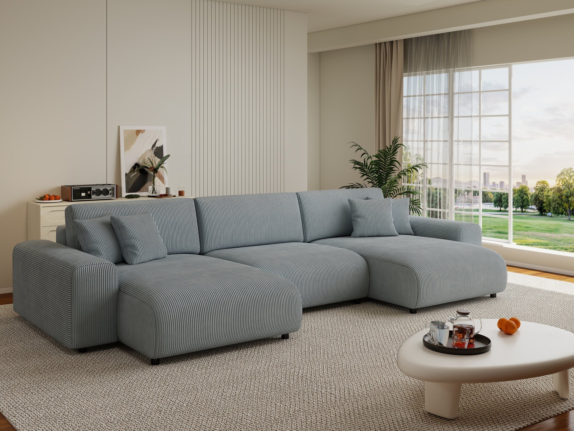 Colțar extensibil dumonde cu ladă de depozitare si sezut confortabil din spuma HR, Sarina U Zoom Gri Mint 350x168 cm