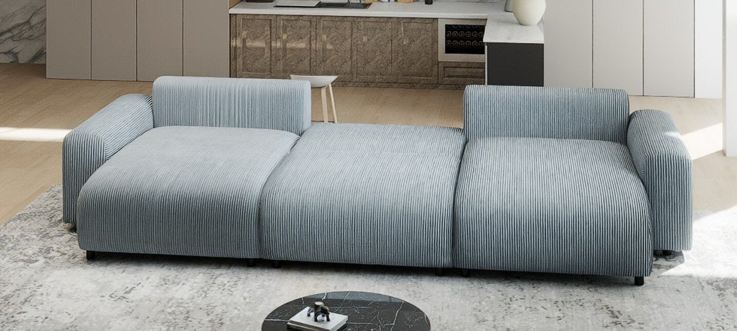 Colțar extensibil dumonde cu ladă de depozitare si sezut confortabil din spuma HR, Luma U Zoom Gri Mint 336x140 cm