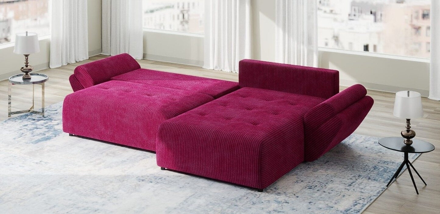 Colțar extensibil dumonde cu ladă de depozitare si sezut confortabil din spuma HR, Berlin Zoom Rosu 280x185 cm