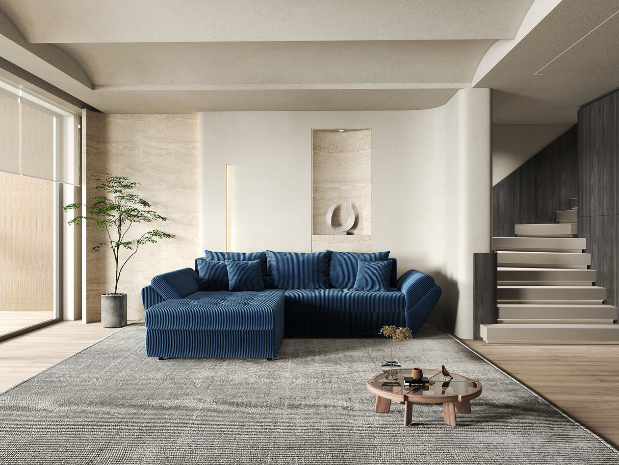 Colțar extensibil dumonde cu ladă de depozitare si sezut confortabil din spuma HR, Loana Bleumarin Zoom 270x185 cm Fabrica