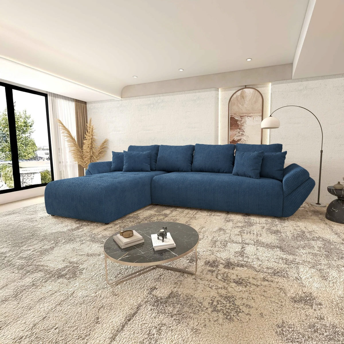 Colțar extensibil dumonde cu ladă de depozitare si sezut confortabil din spuma HR, Berlin XL Zoom Blue 350x185 cm