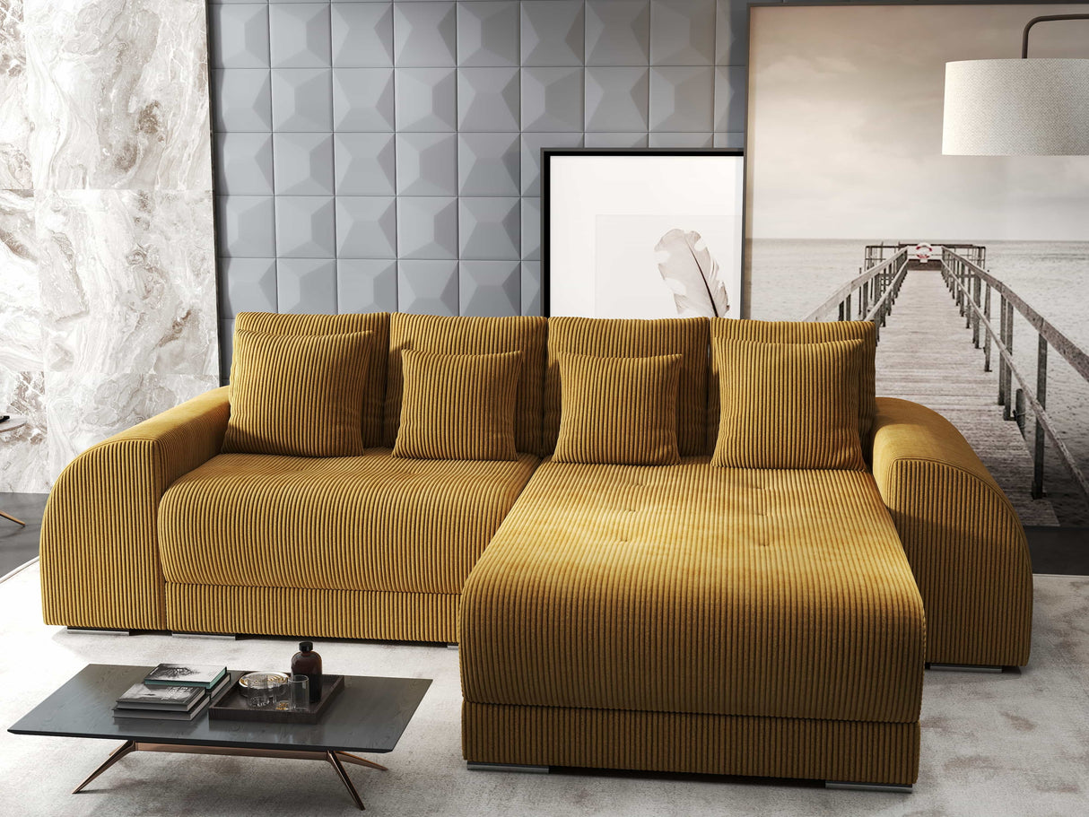 Colțar extensibil dumonde cu ladă de depozitare si sezut confortabil din spuma HR, Verona Zoom Mustar II 290x185 cm Fabrica