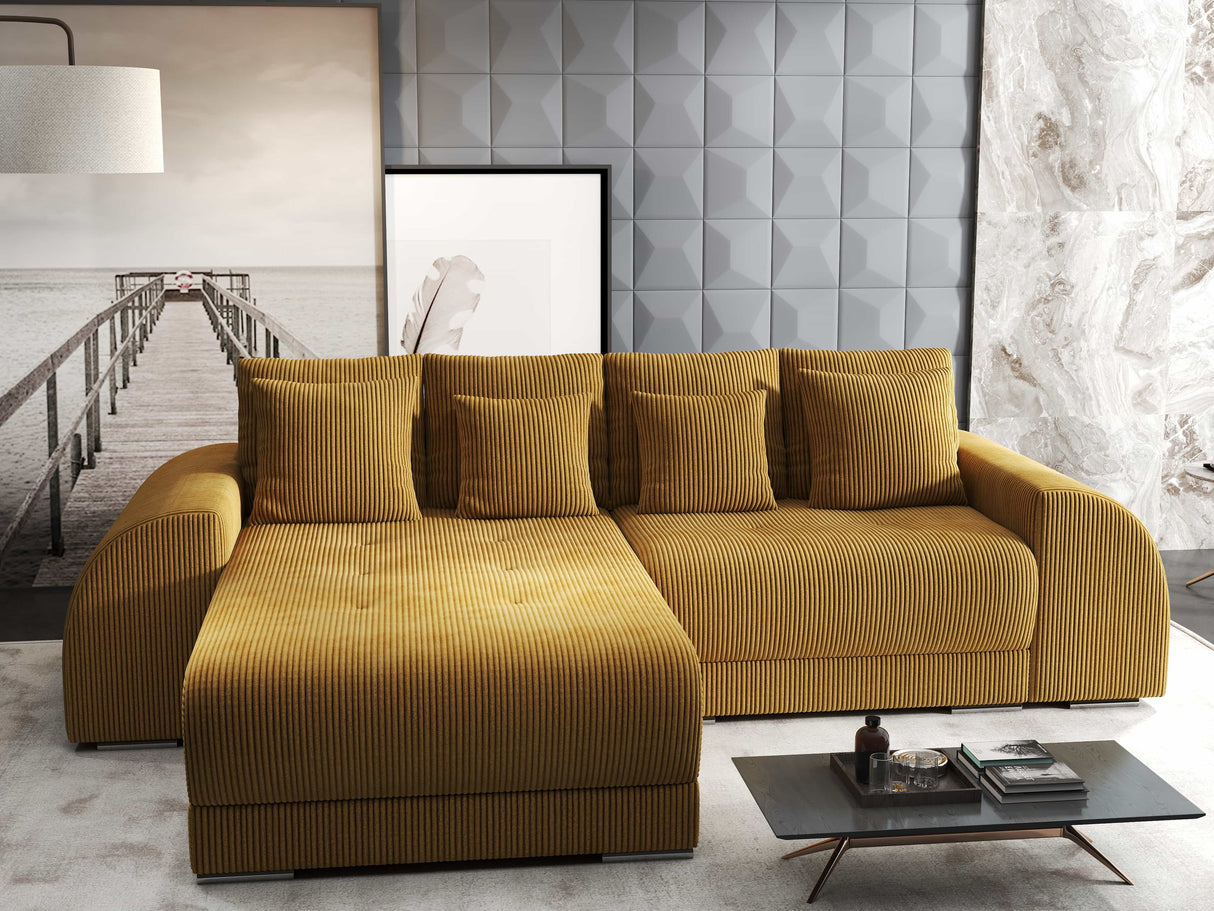 Colțar extensibil dumonde cu ladă de depozitare si sezut confortabil din spuma HR, Verona Zoom Mustar 290x185 cm Fabrica
