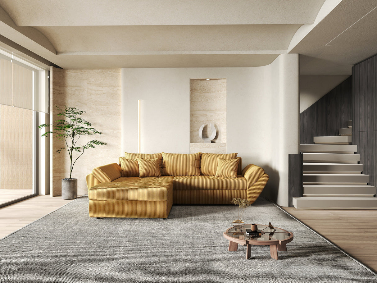 Colțar extensibil dumonde cu ladă de depozitare si sezut confortabil din spuma HR, Loana Mustar Zoom 270x185 cm Fabrica
