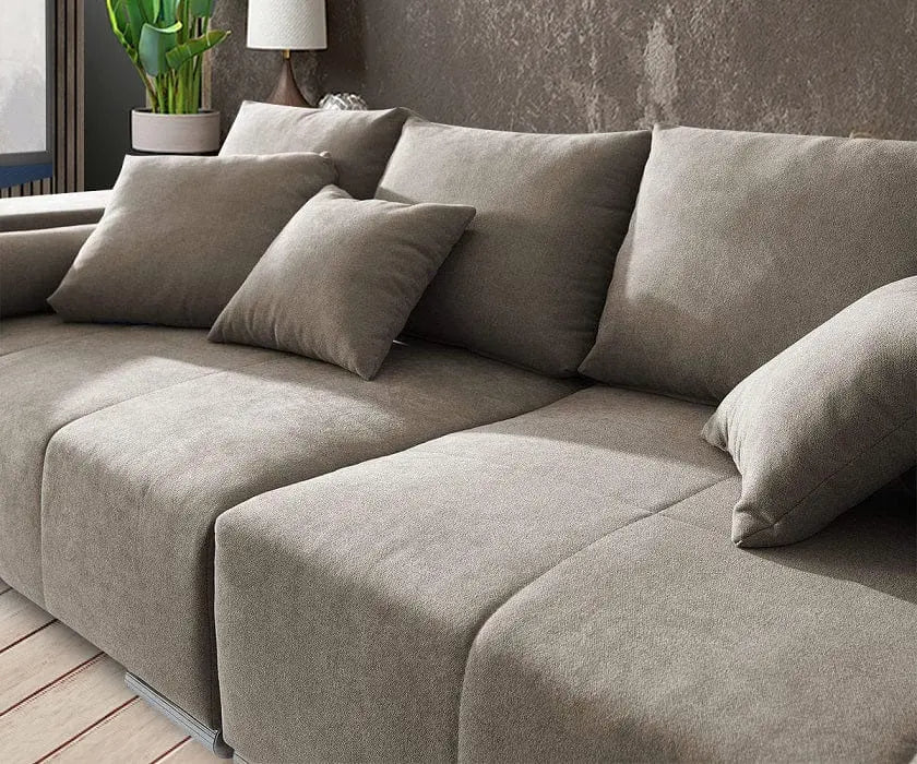Canapea extensibilă cu ladă de depozitare si sezut confortabil din spuma HR, Marbela Bej XXL 295x100 cm cu taburet inclus
