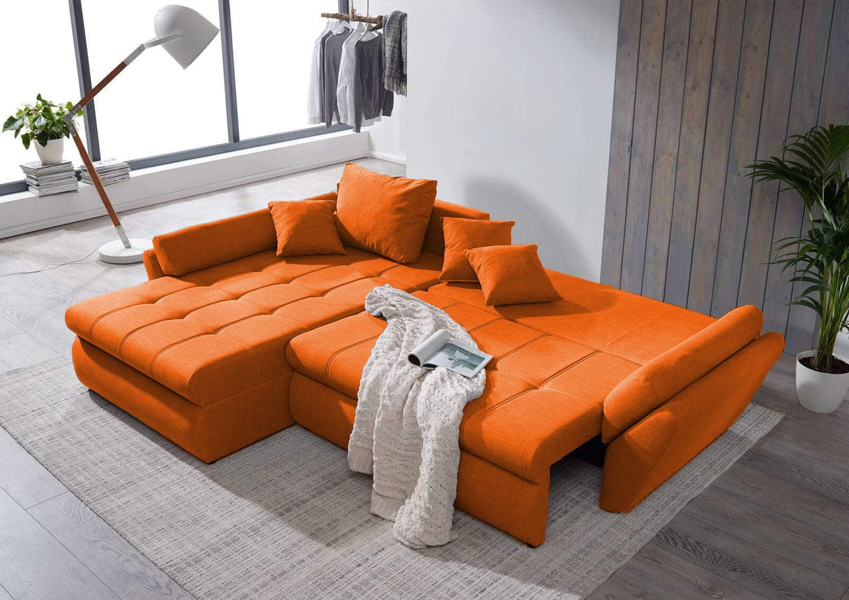 Colțar extensibil cu ladă de depozitare Loana Orange 275x185 cm | Dumonde Furniture & Deco Concept.