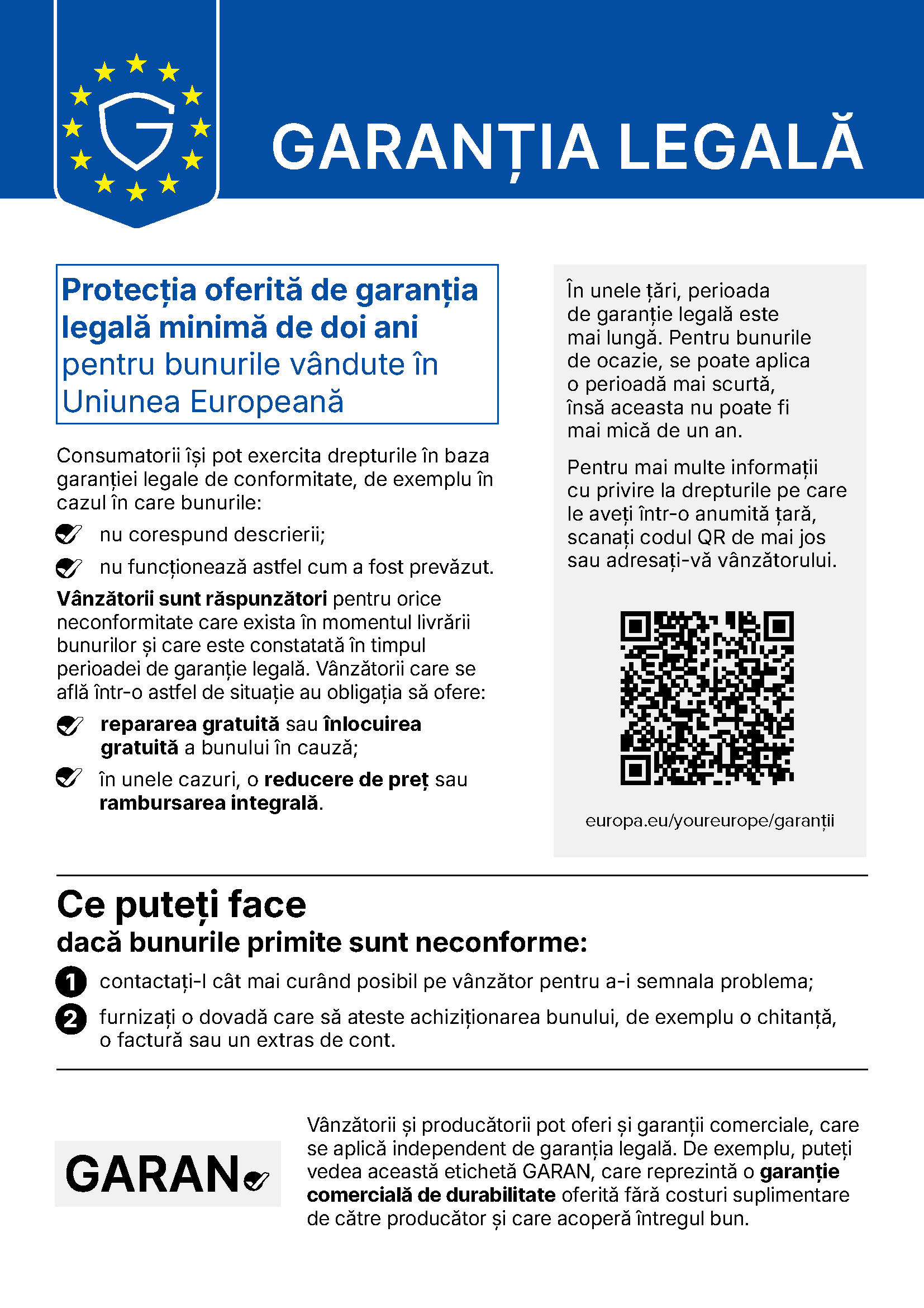 Notificarea oficială a Uniunii Europene privind garanția legală de conformitate
